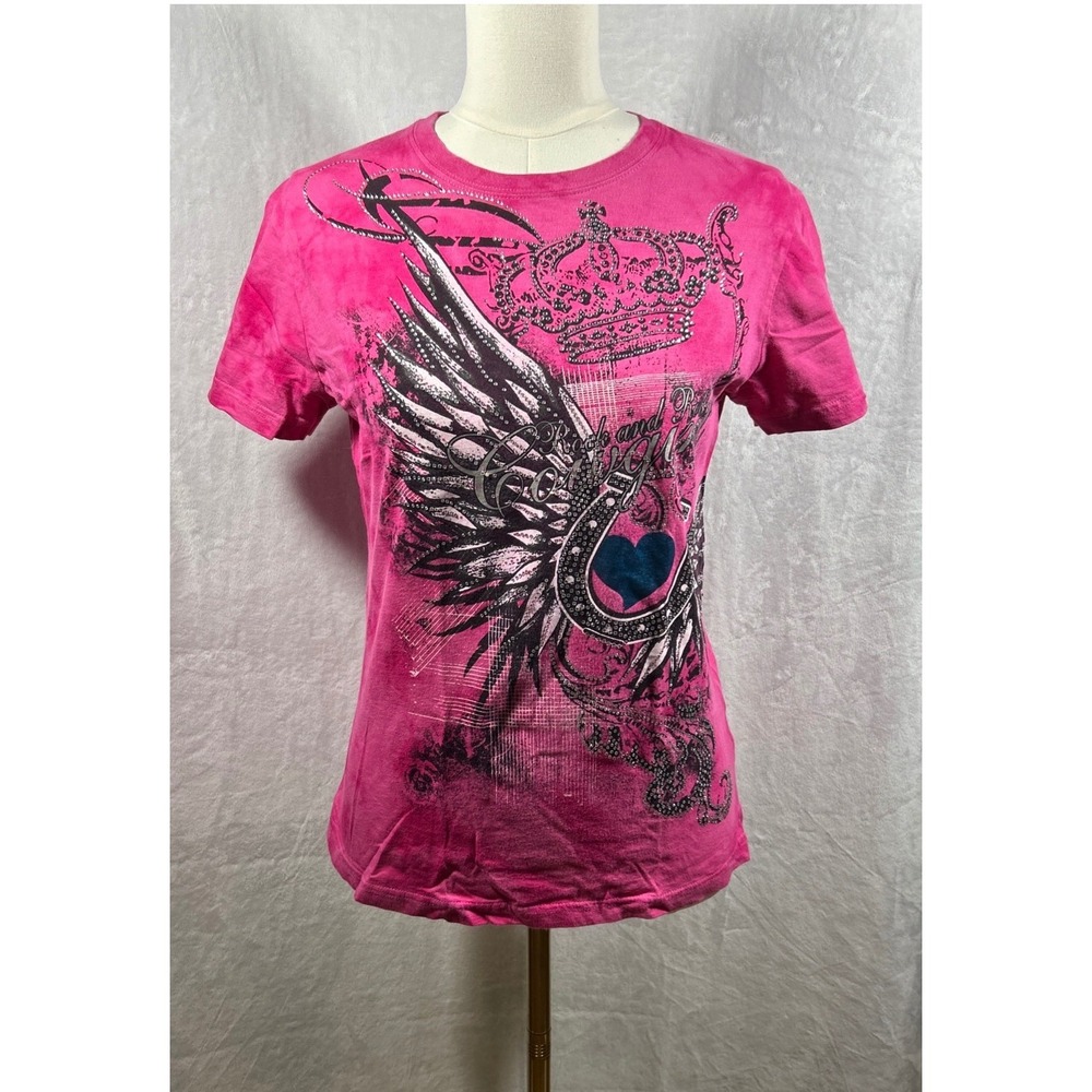 Rock & Roll Cowgirl Shirt Womens S Pink Black Cross Graphic Y2K Whimsigoth Punk